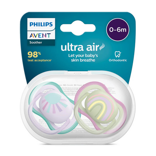 Philips Avent Ultra Air Soother-With Airholes Ventilate Baby's Skin-Orthodontic-Promotes Natural Oral Development-Sterilizing Case Included-Green & Purple-0 to 6M-Pack of 2-Pacifier