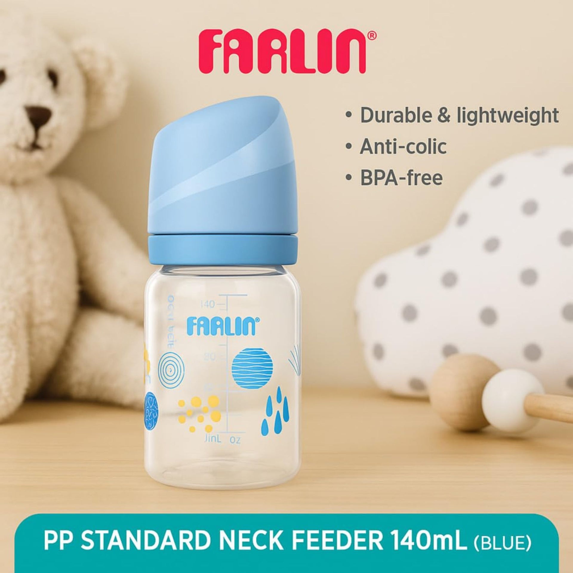 Farlin PP Standard Neck Feeding Bottle (Pink & Blue) | BPA-Free, Anti-Colic | Crystal Clear Silicone Nipple | 0+ / 3+ Months (140ml / 240ml)