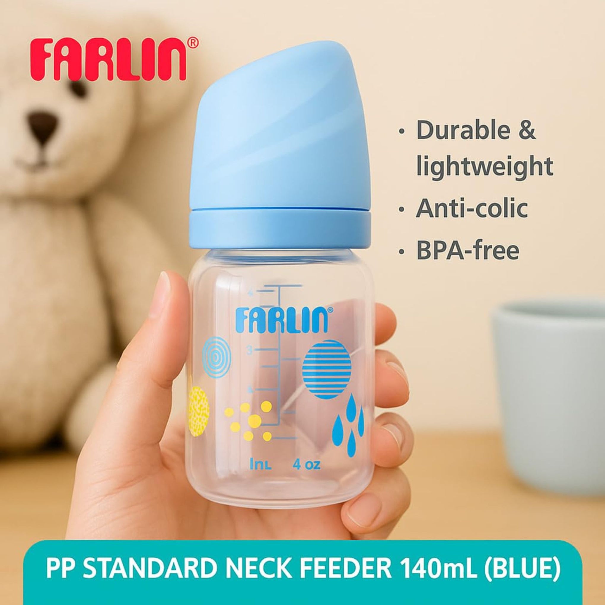 Farlin PP Standard Neck Feeding Bottle (Pink & Blue) | BPA-Free, Anti-Colic | Crystal Clear Silicone Nipple | 0+ / 3+ Months (140ml / 240ml)