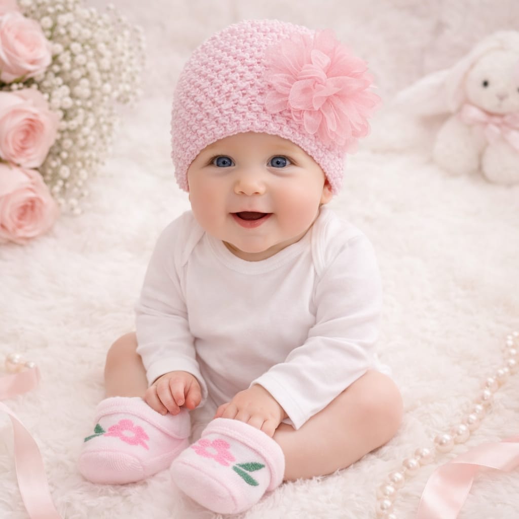 SMILE BABY Baby Girl Pink Crochet Cap & Floral Booties Set (0–12 Months) – Soft Winter Wear & Photoshoot Outfit