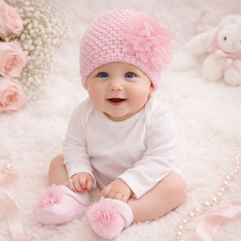 SMILE BABY Pink Baby Girl Knitted Cap & Booties Set with Soft Flower Appliqué – Newborn Photoshoot & Gifting