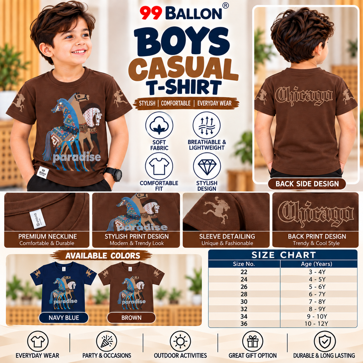 99 BALLON boys casual horse graphic T-shirt A+ infographic size chart