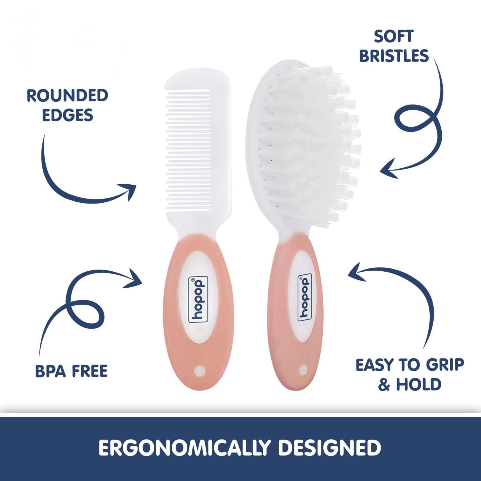 Hopop Hair Brush & Comb Set for New Born Baby | Suitable from 0+ Months | Baby Combo Pack of Soft Bristle Brush & Rounded Teeth Comb for Gentle Hair Grooming | Easy Grip Handles | pink