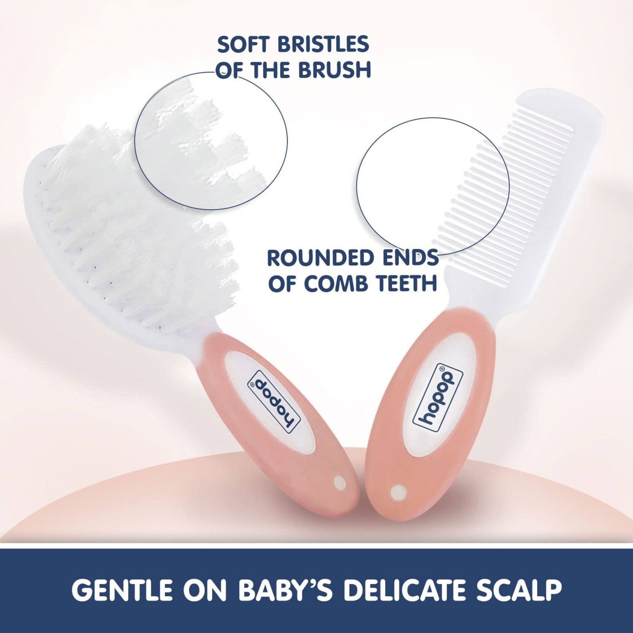 Hopop Hair Brush & Comb Set for New Born Baby | Suitable from 0+ Months | Baby Combo Pack of Soft Bristle Brush & Rounded Teeth Comb for Gentle Hair Grooming | Easy Grip Handles | pink