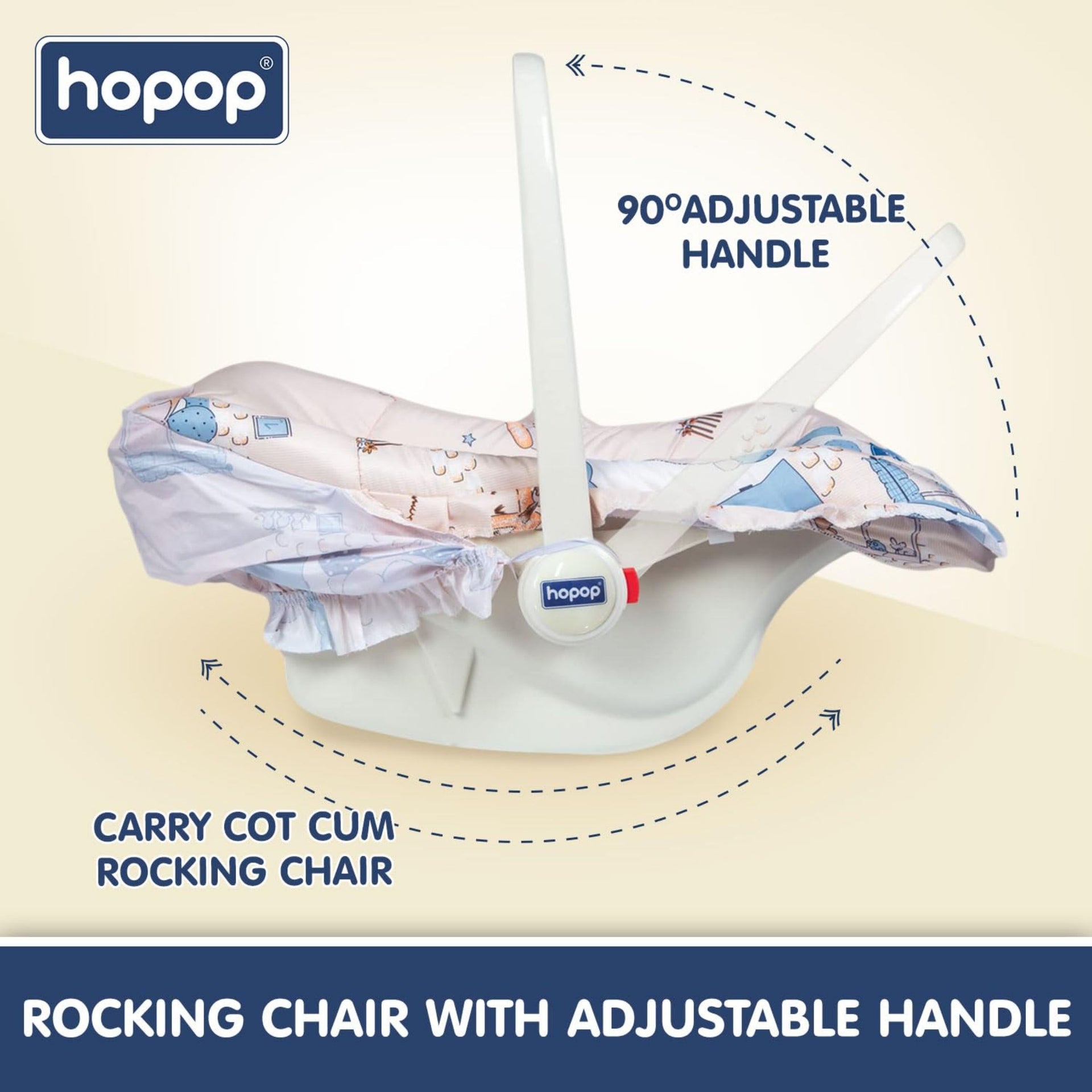 Hopop Baby Carry Cot | 5 in 1 Comfy Baby Carry Cot for 0-2 Years | Rocker, Feeding Chair, Recliner, Baby Chair | Adjustable Handle | Large Canopy | 3-Point Safety Lap Belt | Weight upto 13 kgs | Beige