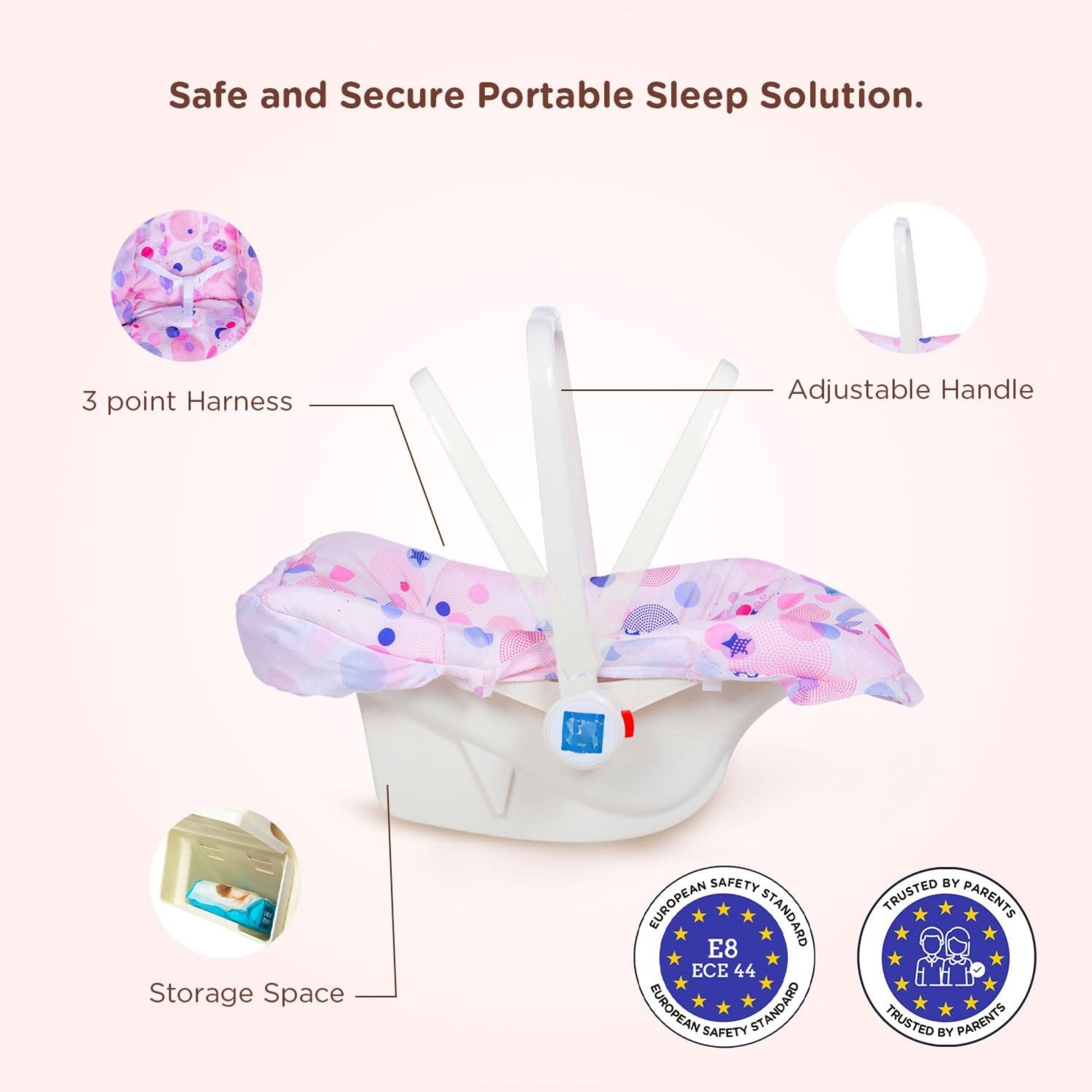 Mee Mee Cozy Carry & Rocking Chair 5 in 1 Multi-Purpose Kids Rocker with Adjustable Handle | Carry Cot with 3 Point Safety Harness 0 to 1.5 Years, Capacity Upto 13 KG | (Pink)