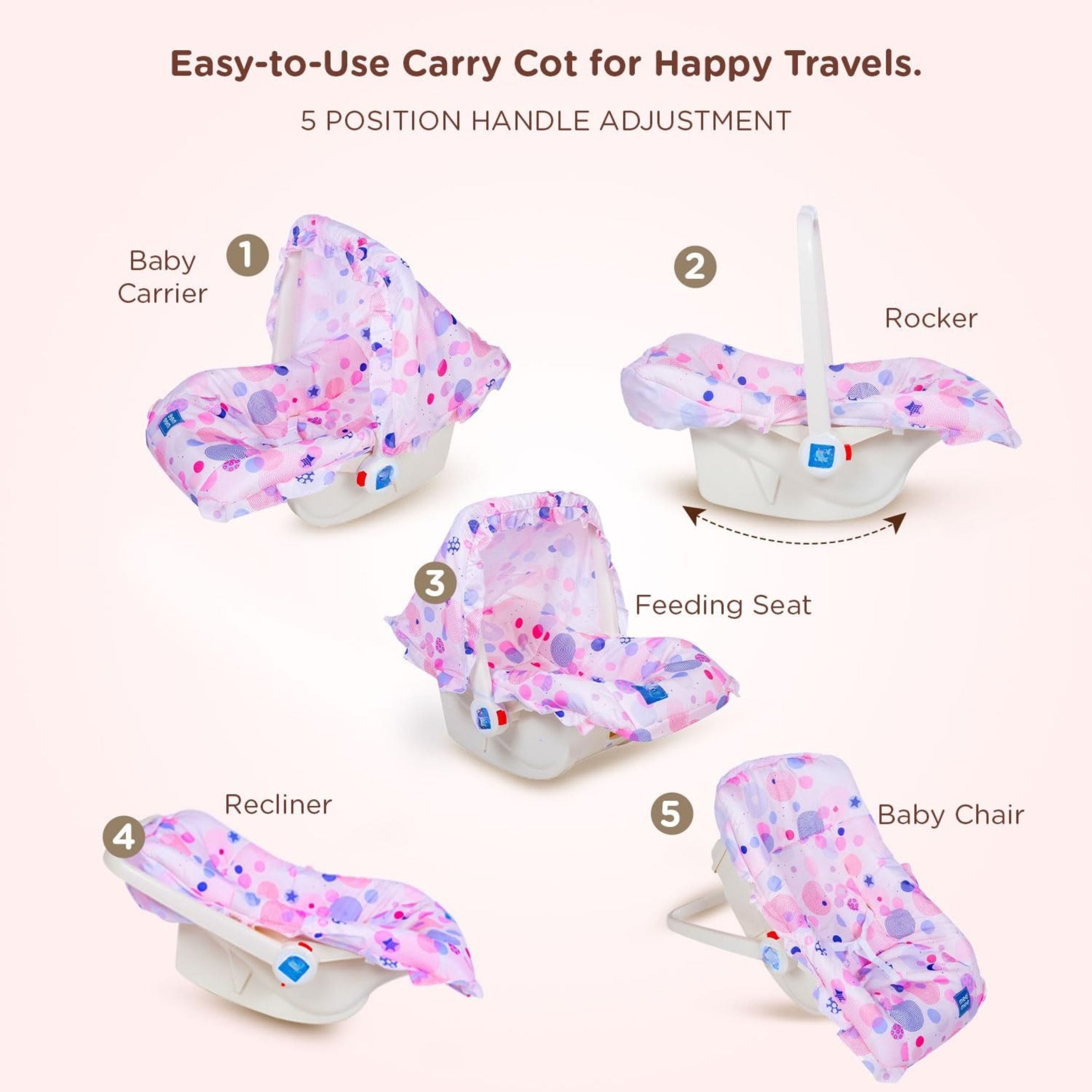 Mee Mee Cozy Carry & Rocking Chair 5 in 1 Multi-Purpose Kids Rocker with Adjustable Handle | Carry Cot with 3 Point Safety Harness 0 to 1.5 Years, Capacity Upto 13 KG | (Pink)