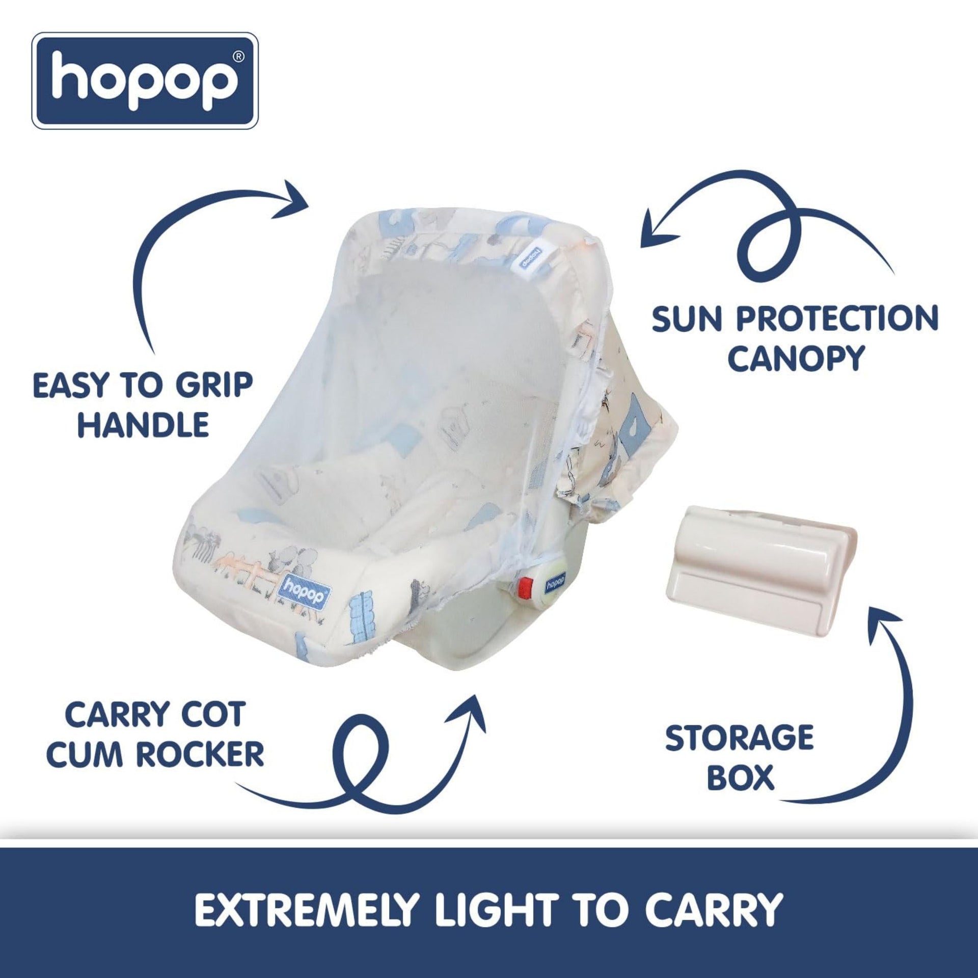 Hopop Baby Carry Cot | 5 in 1 Comfy Baby Carry Cot for 0-2 Years | Rocker, Feeding Chair, Recliner, Baby Chair | Adjustable Handle | Large Canopy | 3-Point Safety Lap Belt | Weight upto 13 kgs | Beige