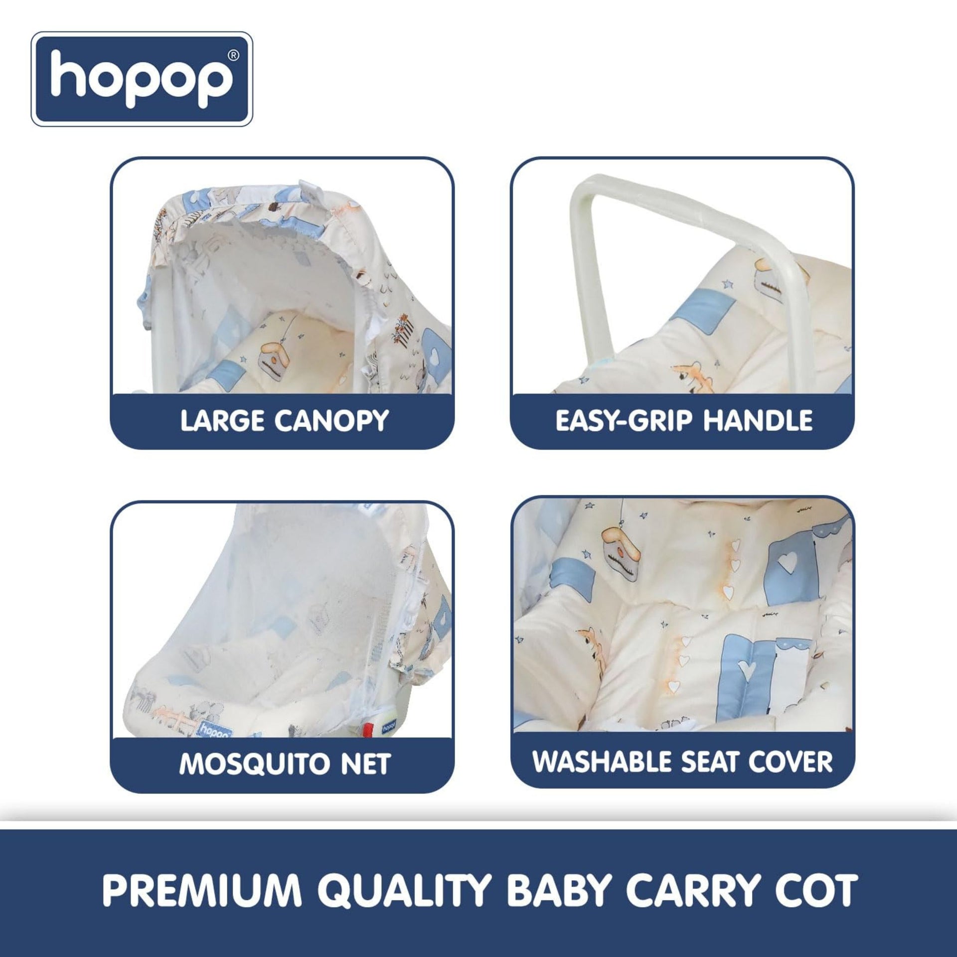 Hopop Baby Carry Cot | 5 in 1 Comfy Baby Carry Cot for 0-2 Years | Rocker, Feeding Chair, Recliner, Baby Chair | Adjustable Handle | Large Canopy | 3-Point Safety Lap Belt | Weight upto 13 kgs | Beige