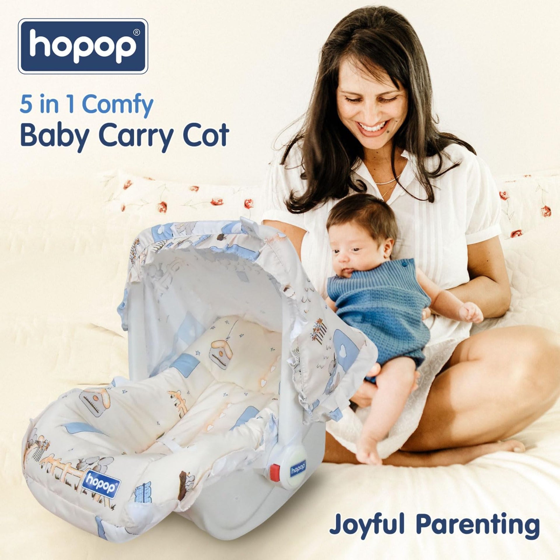 Hopop Baby Carry Cot | 5 in 1 Comfy Baby Carry Cot for 0-2 Years | Rocker, Feeding Chair, Recliner, Baby Chair | Adjustable Handle | Large Canopy | 3-Point Safety Lap Belt | Weight upto 13 kgs | Beige
