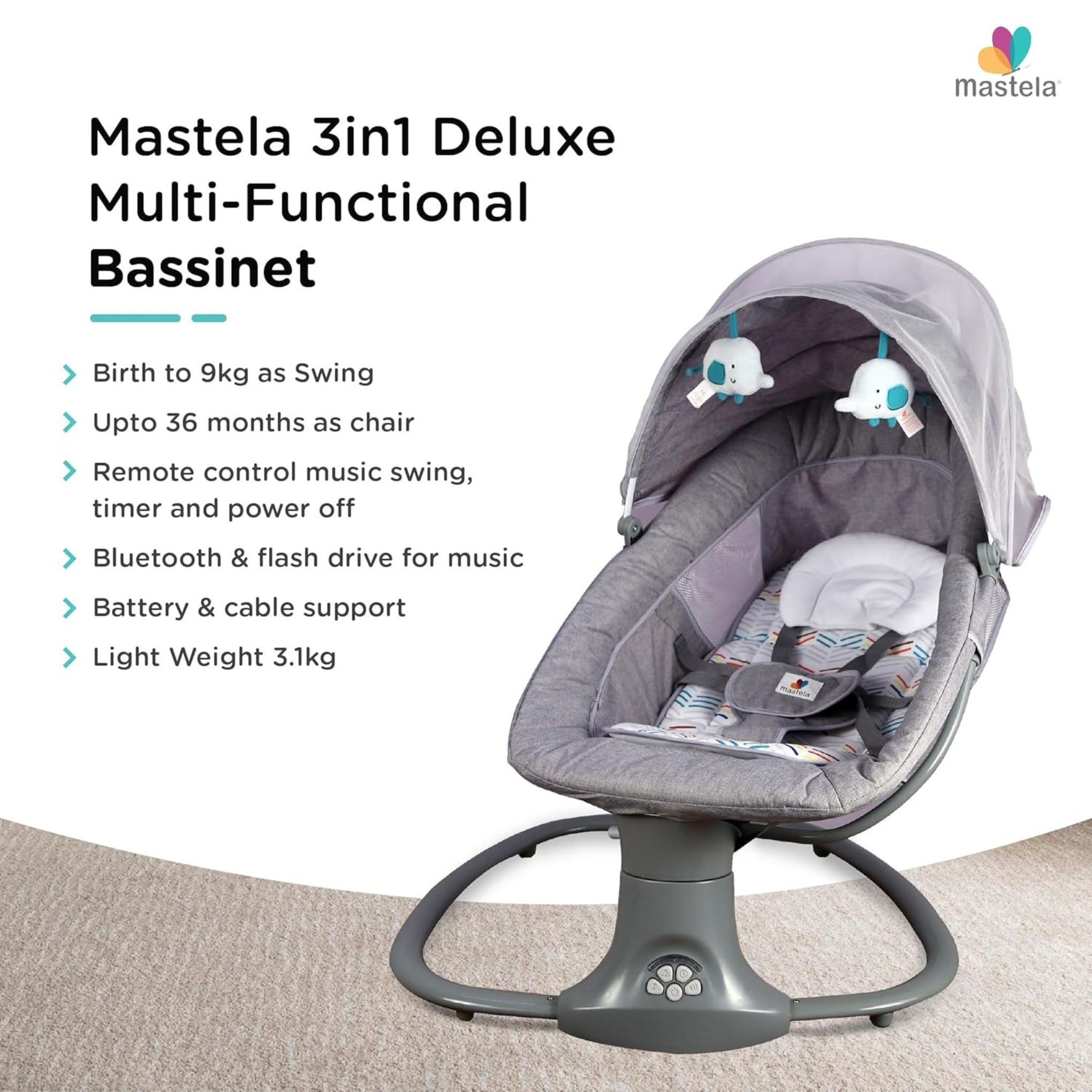 Mastela Automatic Electric Swing Cradle for New Born Baby with Adjustable Swing Speed, Remote | Infant Baby Rocker, with Mosquito Net, Safety Belt, Music, & Toys | Swing for Baby (Grey)