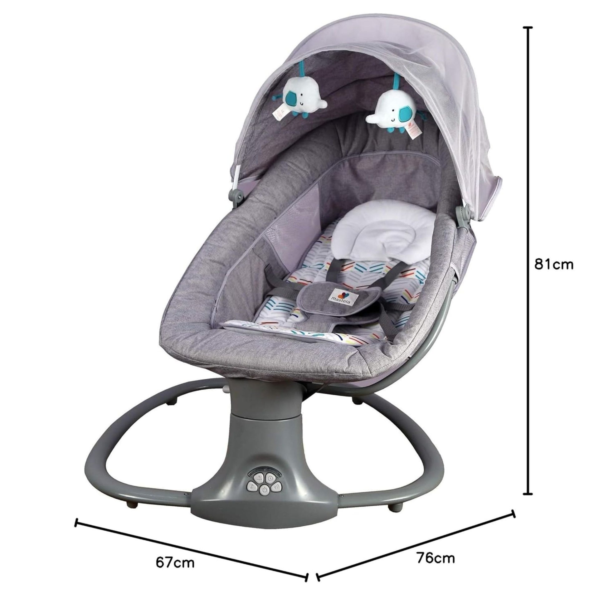 Mastela Automatic Electric Swing Cradle for New Born Baby with Adjustable Swing Speed, Remote | Infant Baby Rocker, with Mosquito Net, Safety Belt, Music, & Toys | Swing for Baby (Grey)