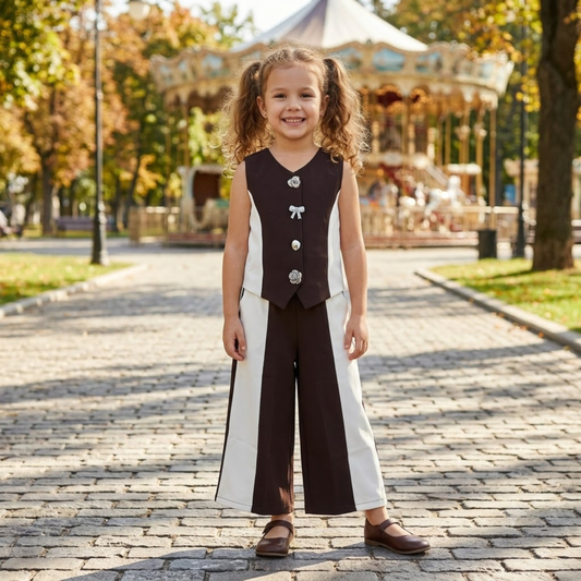 Smile Baby Girls' 2-Piece Color-Block Vest and Wide-Leg Culotte Set – Premium Fabric & Decorative Buttons (Ages 4–12 Years, Sizes 24–36)