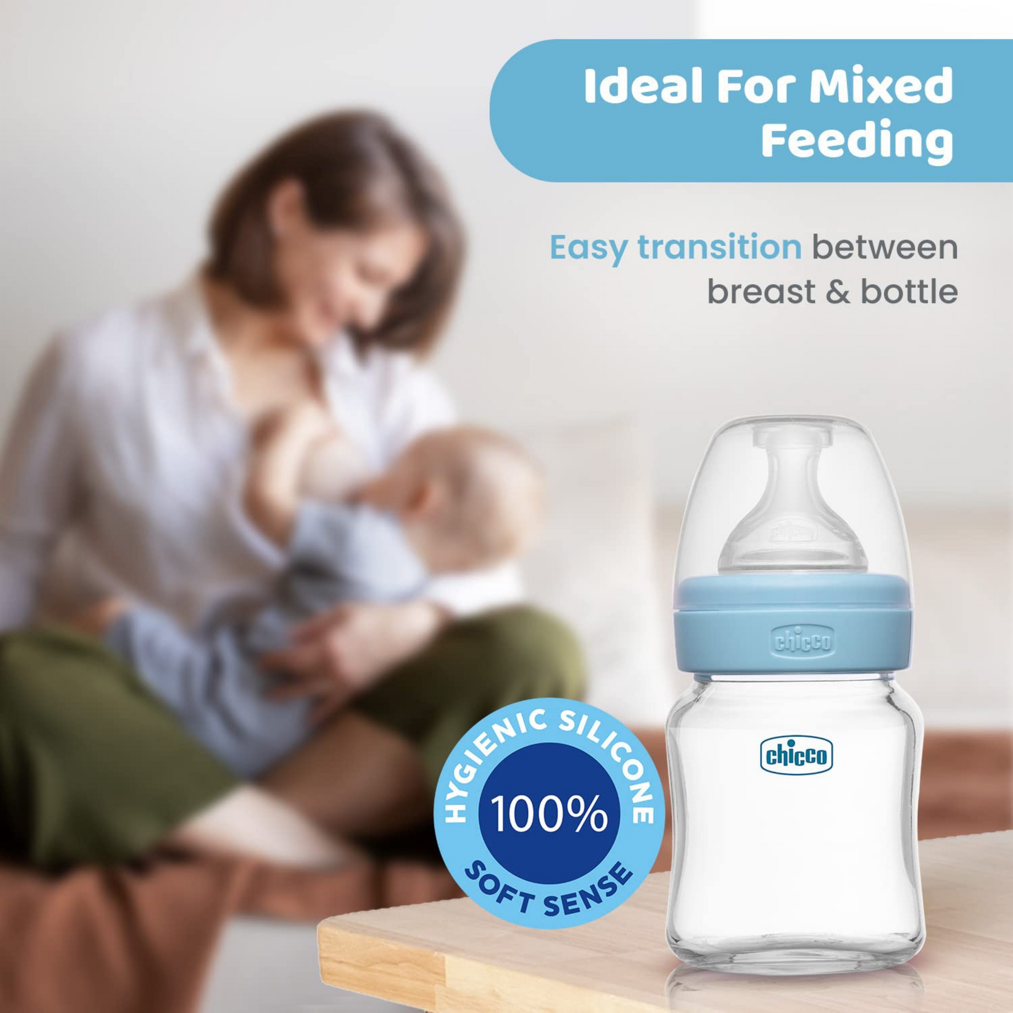 Chicco Well-Being Glass Feeding Bottle for Babies (120ml,Slow Flow) |Premium Borosilicate Glass for High Durability |Elongated Teat for Correct Latch |Comes with Anti-Spill Cap | BPA Free