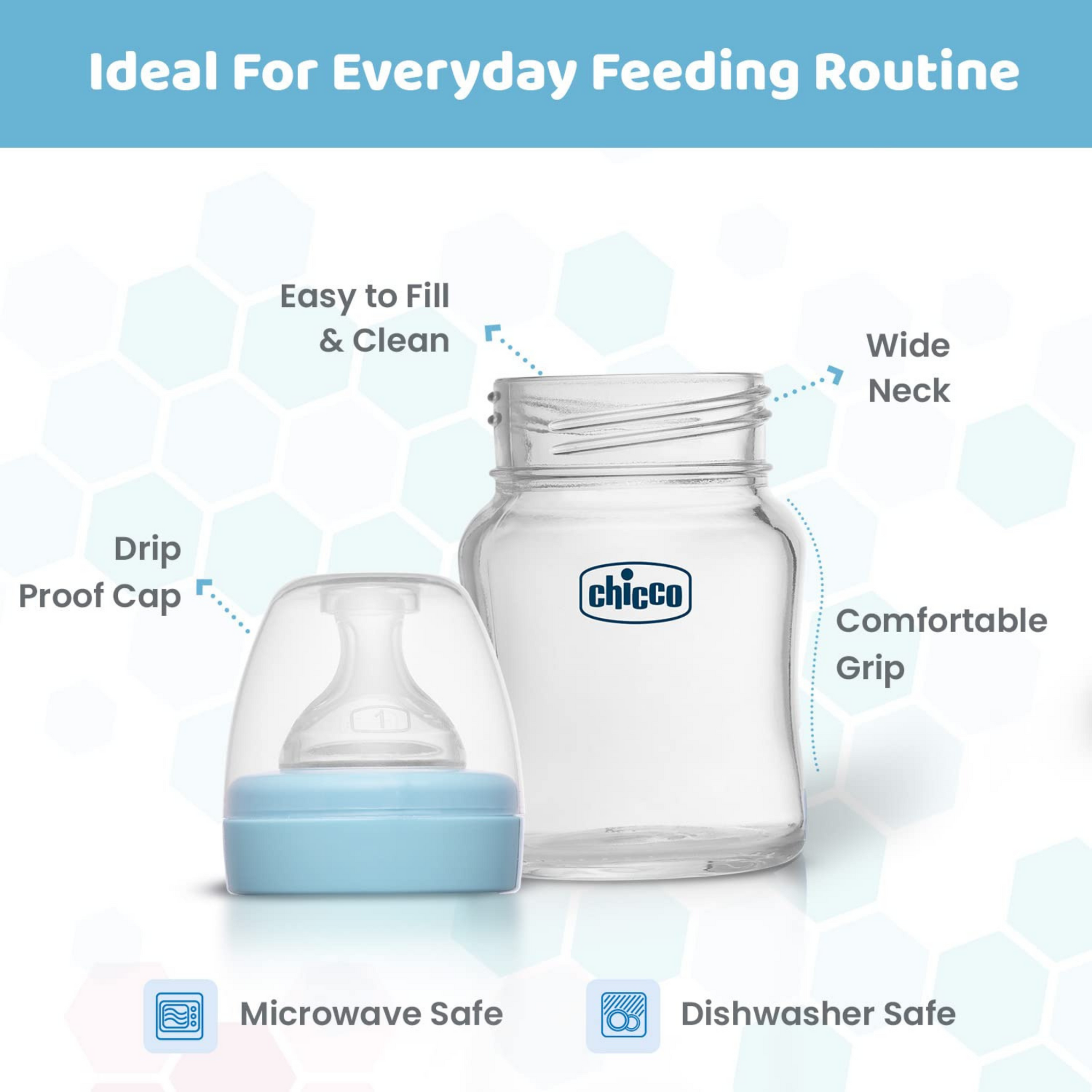 Chicco Well-Being Glass Feeding Bottle for Babies (120ml,Slow Flow) |Premium Borosilicate Glass for High Durability |Elongated Teat for Correct Latch |Comes with Anti-Spill Cap | BPA Free
