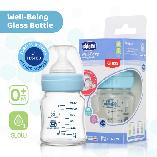 Chicco Well-Being Glass Feeding Bottle for Babies (120ml,Slow Flow) |Premium Borosilicate Glass for High Durability |Elongated Teat for Correct Latch |Comes with Anti-Spill Cap | BPA Free