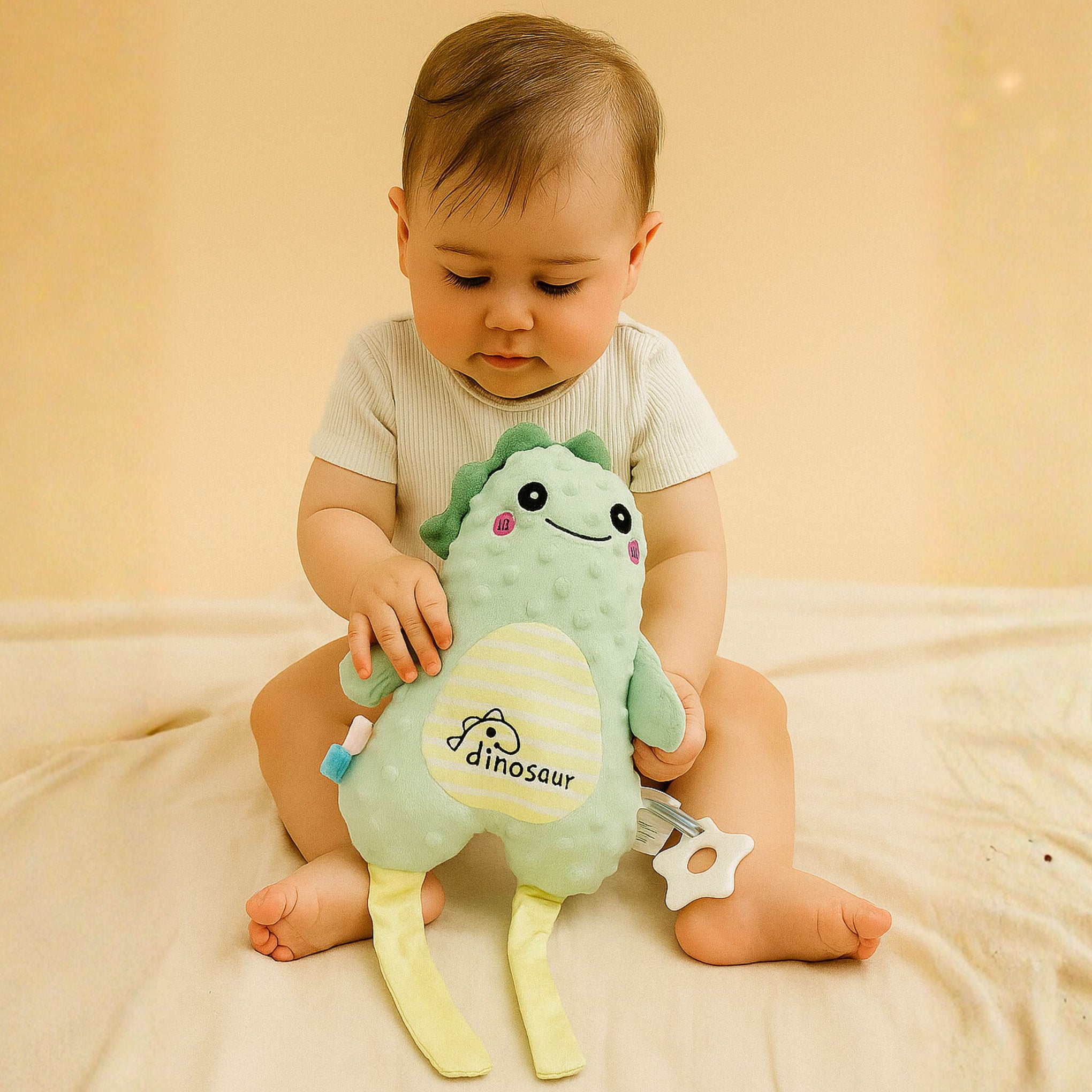 Smile Baby Soft Dinosaur Toy for Newborns | Cute Plush Dotted Dino with Teether | Crib, Stroller & Cot Hanging Toy for Babies