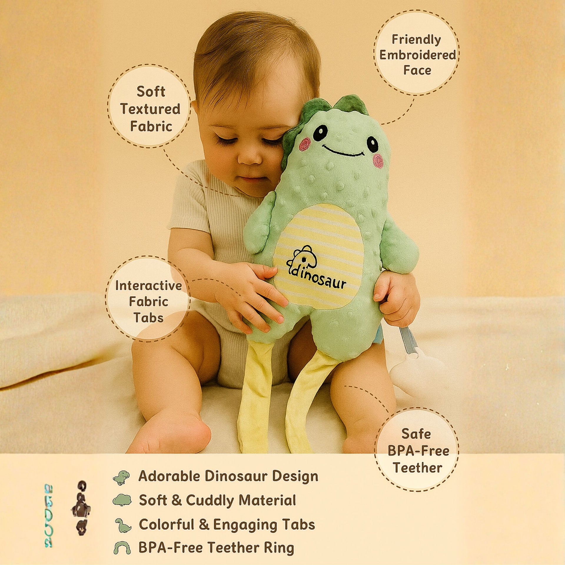 Smile Baby Soft Dinosaur Toy for Newborns | Cute Plush Dotted Dino with Teether | Crib, Stroller & Cot Hanging Toy for Babies