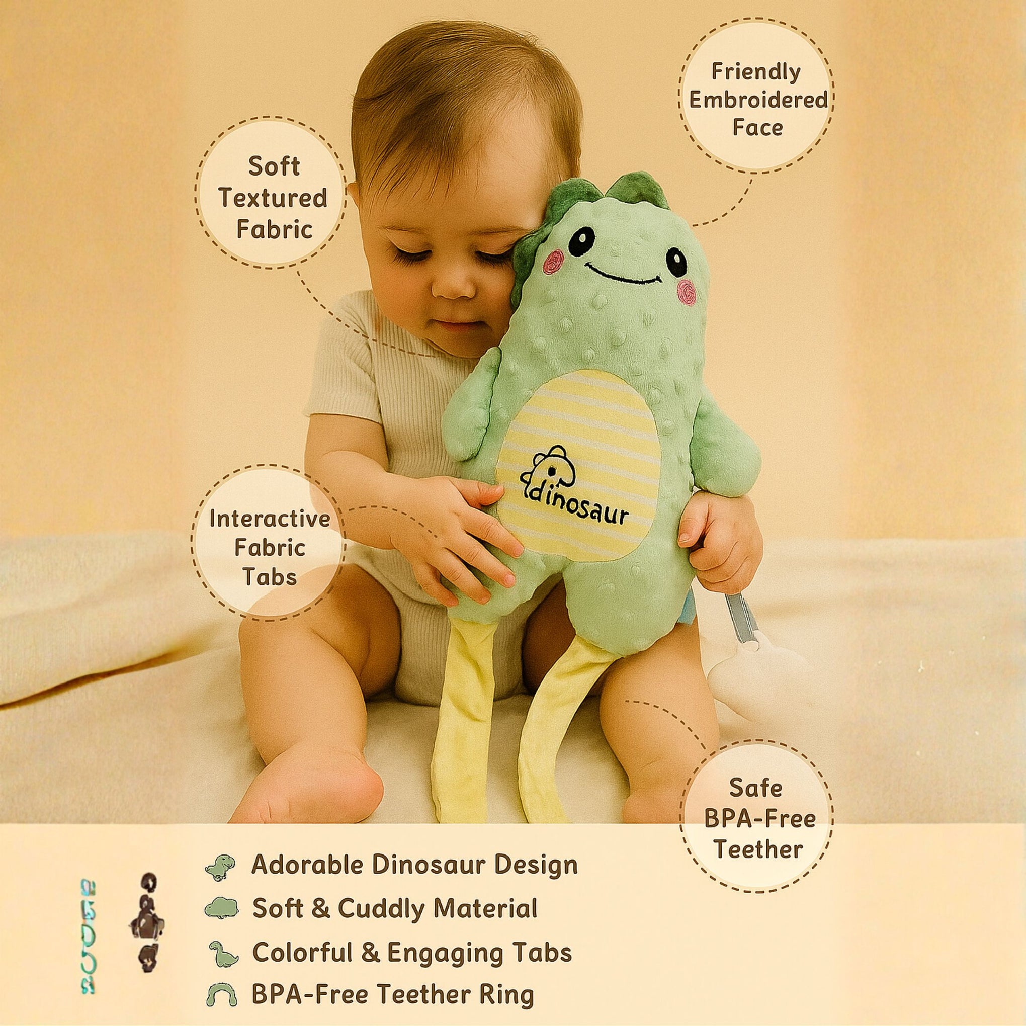 Smile Baby Soft Dinosaur Toy for Newborns | Cute Plush Dotted Dino with Teether | Crib, Stroller & Cot Hanging Toy for Babies