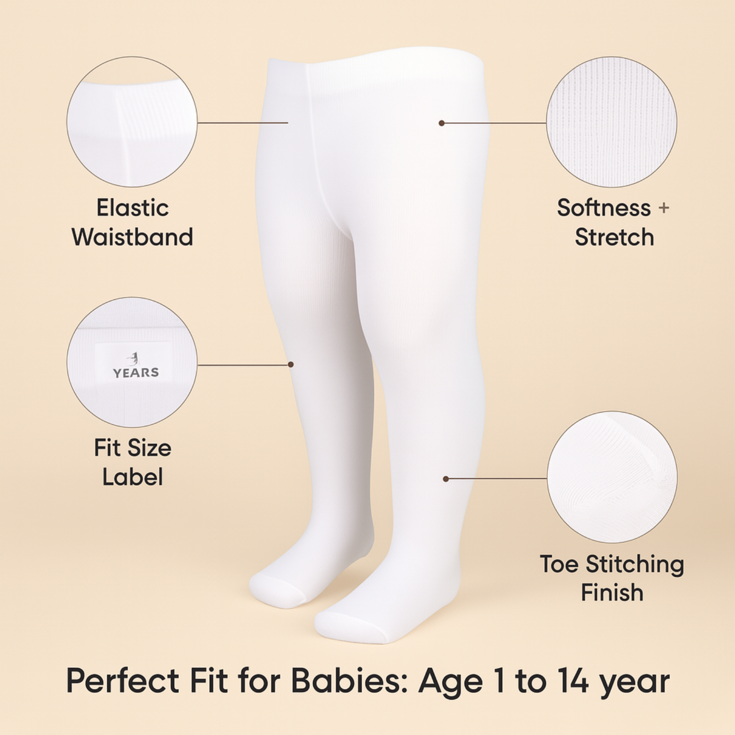 Smile Baby Girls' Full-Length Cotton Tights – White | Soft & Stretchable | Ages 1–14 Years