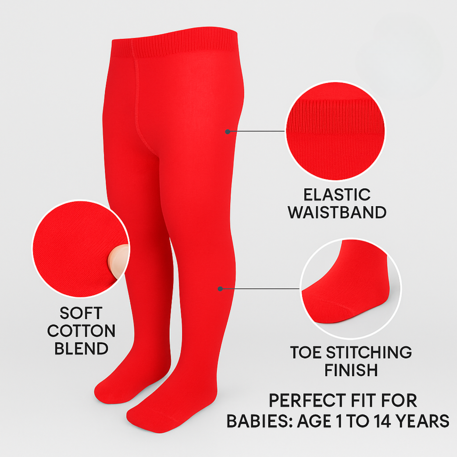 Smile Baby Girls' Full-Length Cotton Tights – Red | Soft & Stretchable | Ages 1–14 Years