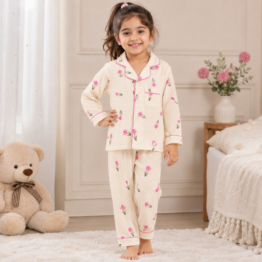 Smile Baby Premium Cotton Muslin Pink Lily Flower Print Night Suit Set for Girls | Full Sleeve Shirt & Pajama