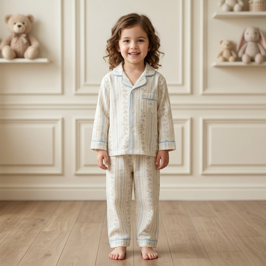 Smile Baby Premium Cotton Muslin Blue Floral Print Night Suit Set for Girls | Full Sleeve Shirt & Pajama
