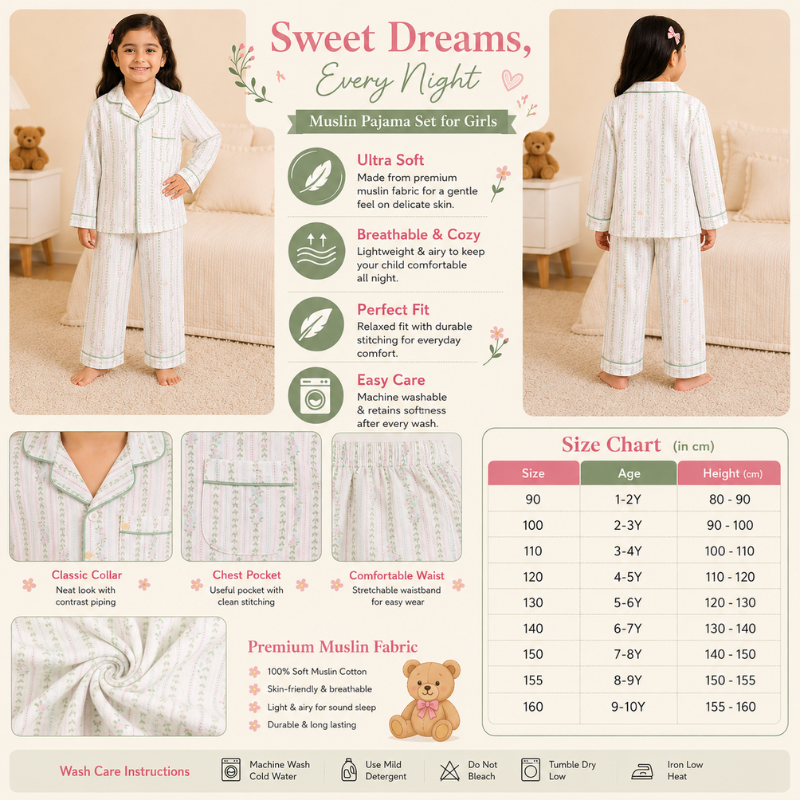 Smile Baby Premium Cotton Muslin Green Leaf & Rose Flower Print Night Suit Set for Girls | Full Sleeve Shirt & Pajama
