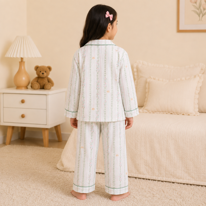 Smile Baby Premium Cotton Muslin Green Leaf & Rose Flower Print Night Suit Set for Girls | Full Sleeve Shirt & Pajama