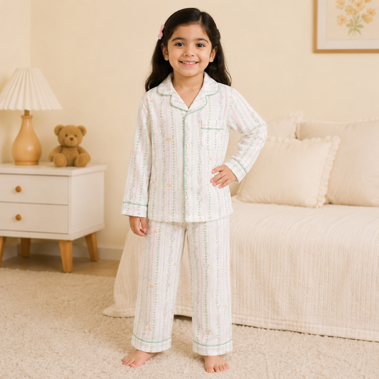 Smile Baby Premium Cotton Muslin Green Leaf & Rose Flower Print Night Suit Set for Girls | Full Sleeve Shirt & Pajama