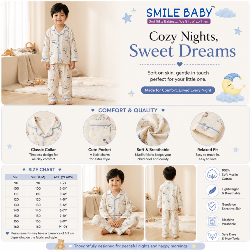 Smile Baby Premium Cotton Muslin Horse Print Night Suit Set for Boys | Full Sleeve Shirt & Pajama