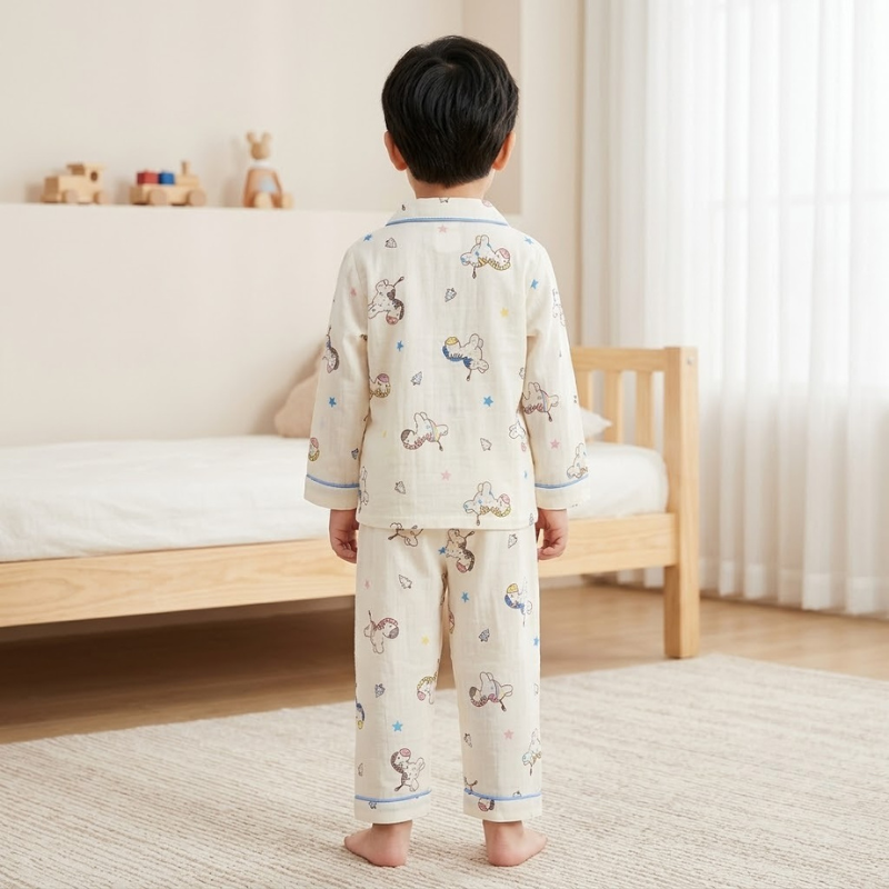 Smile Baby Premium Cotton Muslin Horse Print Night Suit Set for Boys | Full Sleeve Shirt & Pajama