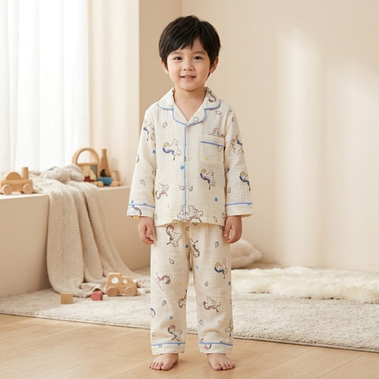 Smile Baby Premium Cotton Muslin Horse Print Night Suit Set for Boys | Full Sleeve Shirt & Pajama