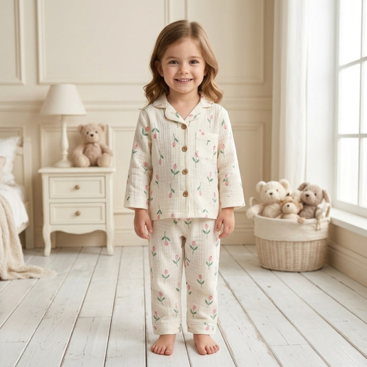Smile Baby Premium Cotton Muslin Rose Flower Print Night Suit Set for Girls | Full Sleeve Shirt & Pajama
