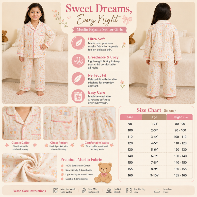 Smile Baby Premium Cotton Muslin Teddy Bear & Rabbit Print Night Suit Set for Girls | Full Sleeve Shirt & Pajama