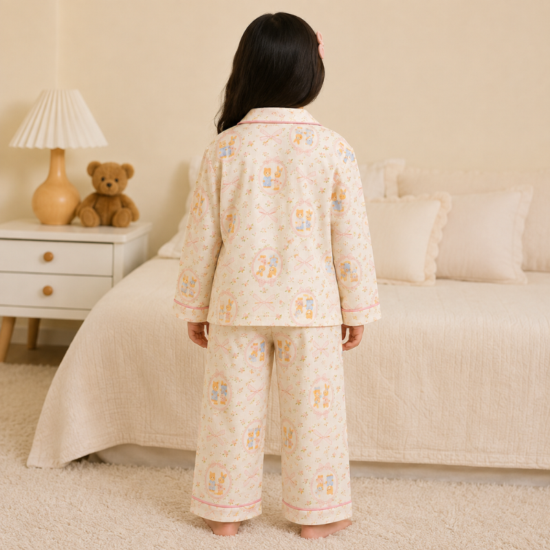 Smile Baby Premium Cotton Muslin Teddy Bear & Rabbit Print Night Suit Set for Girls | Full Sleeve Shirt & Pajama