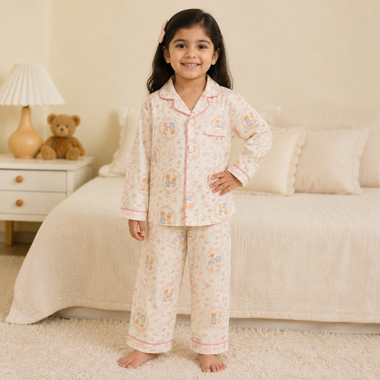 Smile Baby Premium Cotton Muslin Teddy Bear & Rabbit Print Night Suit Set for Girls | Full Sleeve Shirt & Pajama