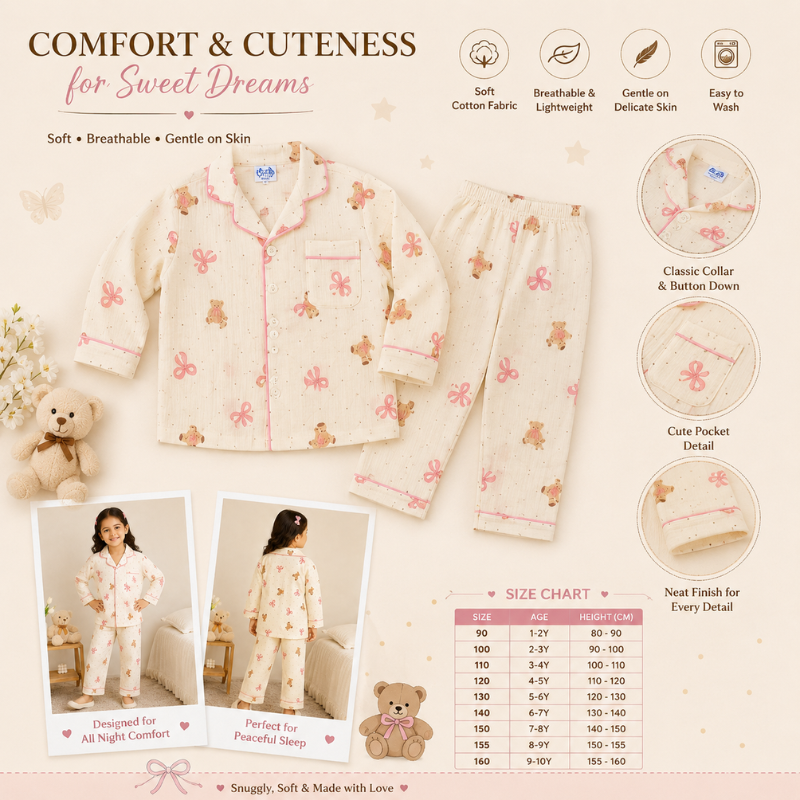 Smile Baby Premium Cotton Muslin Teddy Bear & Bow Print Night Suit Set for Girls | Full Sleeve Shirt & Pajama