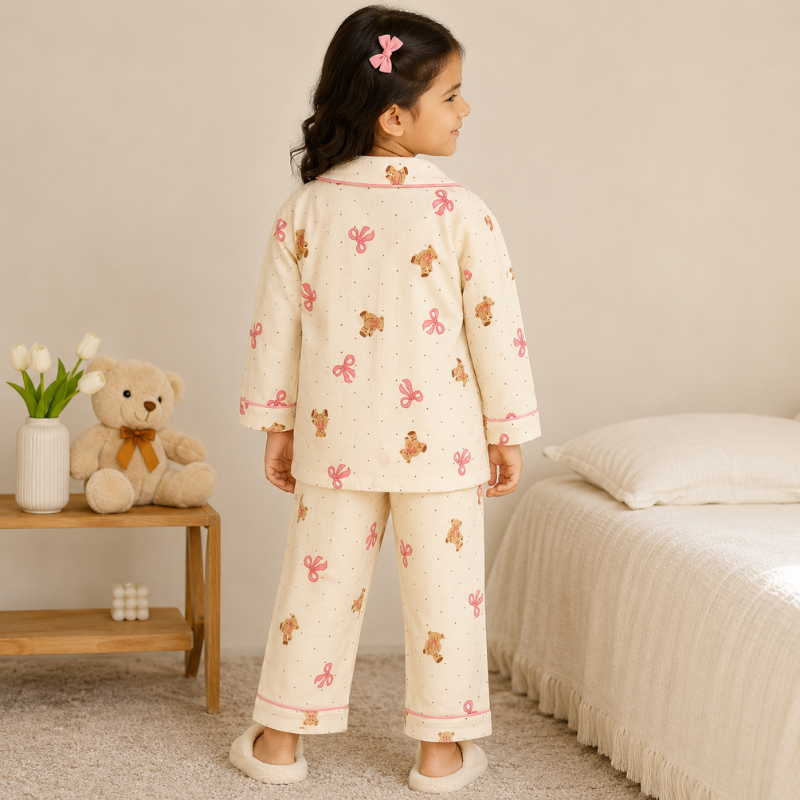 Smile Baby Premium Cotton Muslin Teddy Bear & Bow Print Night Suit Set for Girls | Full Sleeve Shirt & Pajama