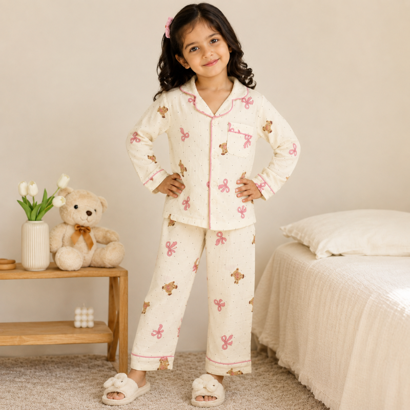 Smile Baby Premium Cotton Muslin Teddy Bear & Bow Print Night Suit Set for Girls | Full Sleeve Shirt & Pajama