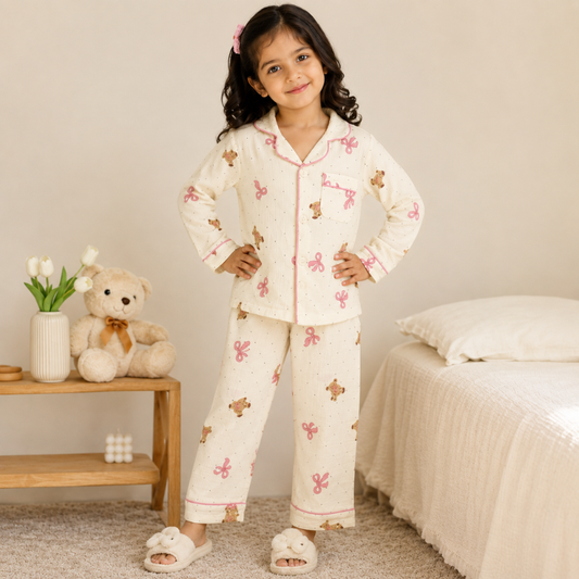 Smile Baby Premium Cotton Muslin Teddy Bear & Bow Print Night Suit Set for Girls | Full Sleeve Shirt & Pajama