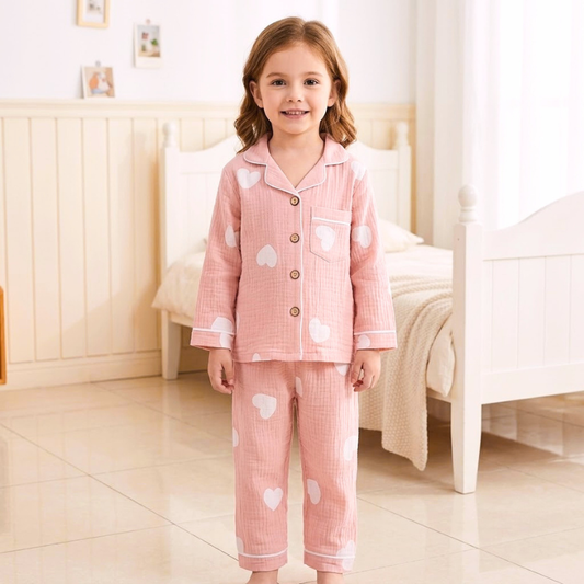 Girl Night Suit - Smile Baby Girls Premium Cotton Muslin Pajama Set – Pink Heart Print