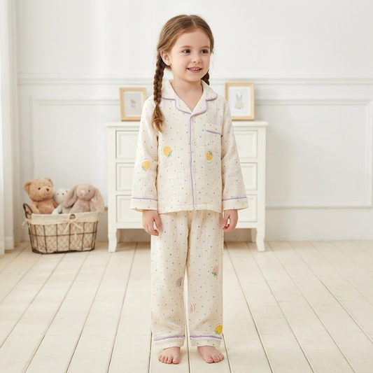 Smile Baby Premium Cotton Muslin Girls Night Suit Set – Cream & Purple with Cute Fruit Print | Full Sleeve Pajama Set