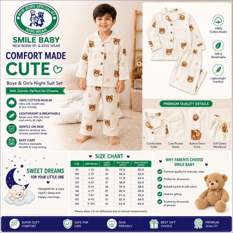 Smile Baby Boys Bear Print Cotton Night Suit Set | Full Sleeve Shirt & Pajama