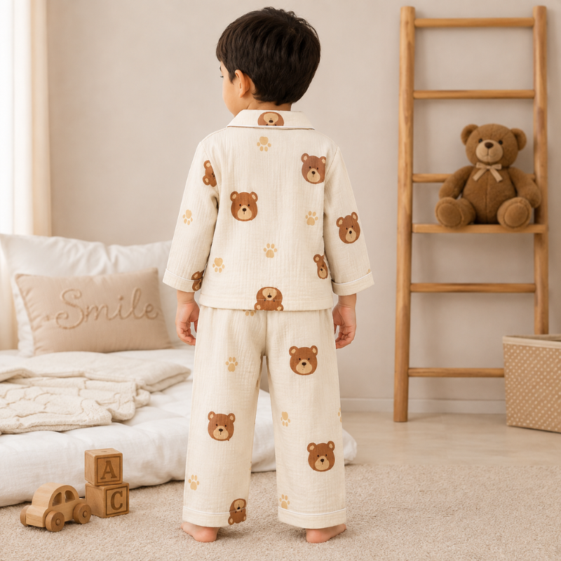 Smile Baby Boys Bear Print Cotton Night Suit Set | Full Sleeve Shirt & Pajama