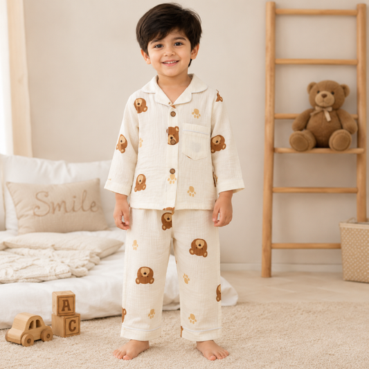 Smile Baby Boys Bear Print Cotton Night Suit Set | Full Sleeve Shirt & Pajama
