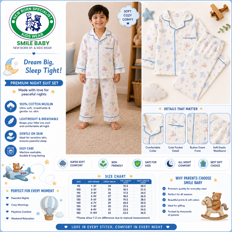 Smile Baby Premium Cotton Muslin Rocket & Space Print Night Suit Set for Boys | Full Sleeve Shirt & Pajama