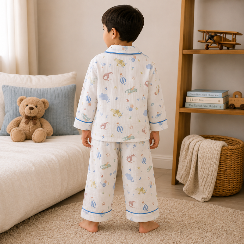 Smile Baby Premium Cotton Muslin Rocket & Space Print Night Suit Set for Boys | Full Sleeve Shirt & Pajama