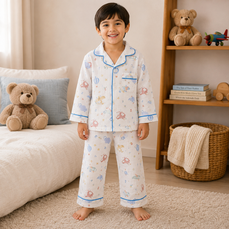 Smile Baby Premium Cotton Muslin Rocket & Space Print Night Suit Set for Boys | Full Sleeve Shirt & Pajama