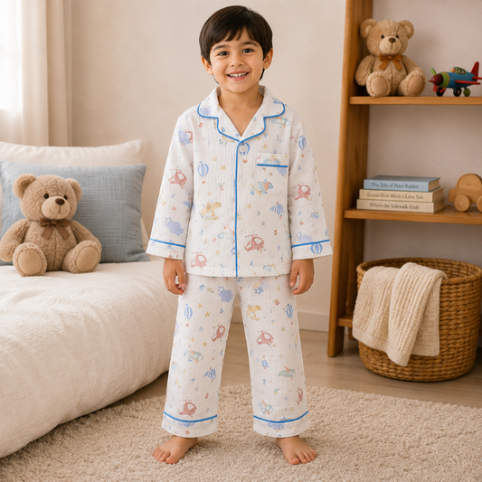 Smile Baby Premium Cotton Muslin Rocket & Space Print Night Suit Set for Boys | Full Sleeve Shirt & Pajama